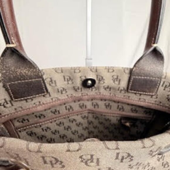 Dooney & Bourke Logo Canvas Satchel Brown Monogram, Leather Handles with Tassel - Picture 9 of 10